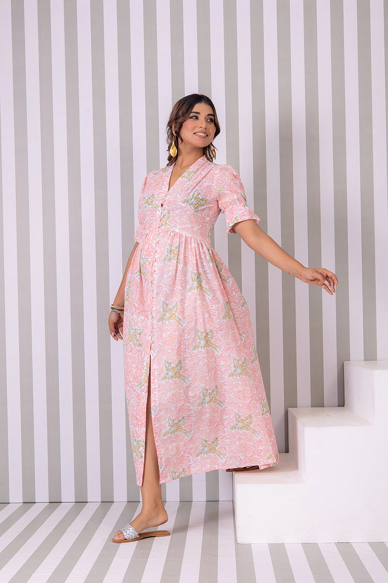 Blush Pink Hand Block Printed V-Neck Front-Open Long Dress
