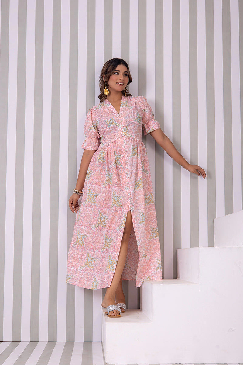Blush Pink Hand Block Printed V-Neck Front-Open Long Dress