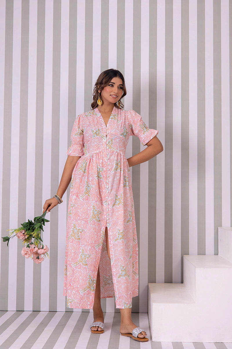 Blush Pink Hand Block Printed V-Neck Front-Open Long Dress