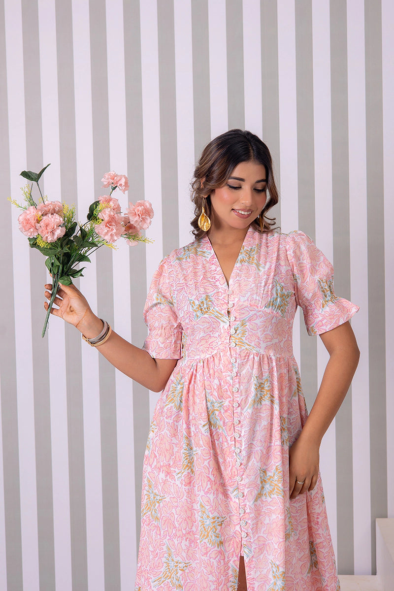 Blush Pink Hand Block Printed V-Neck Front-Open Long Dress