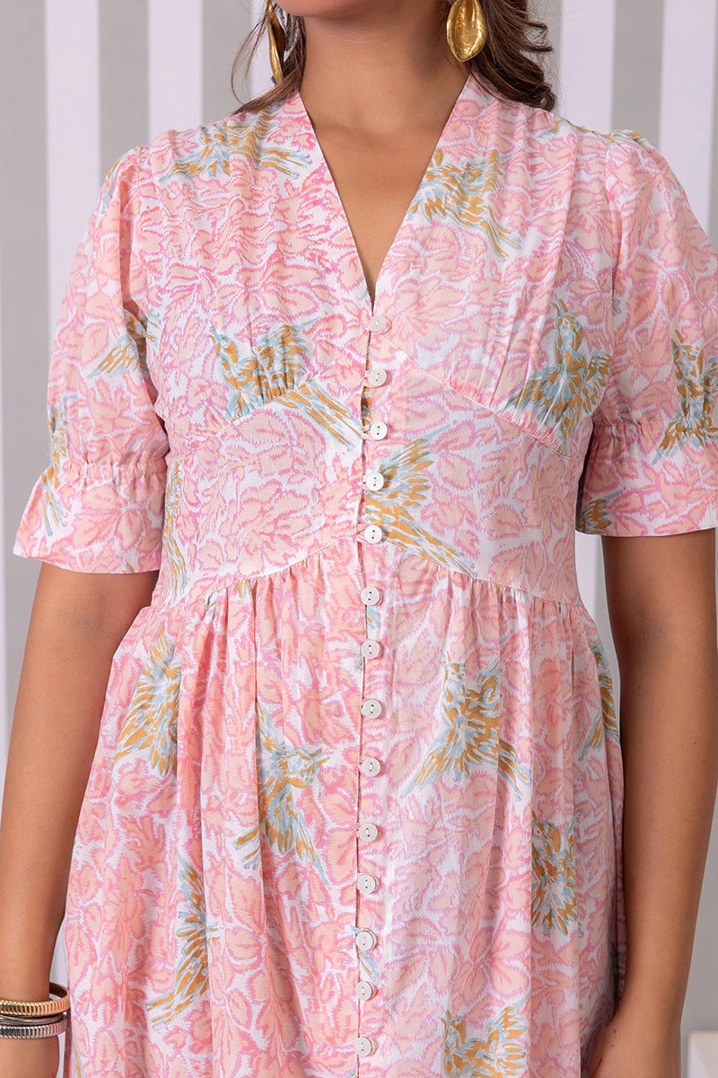 Blush Pink Hand Block Printed V-Neck Front-Open Long Dress