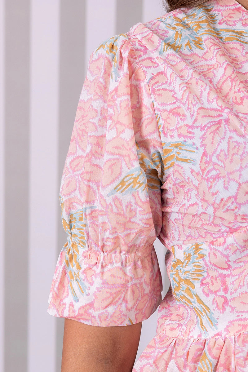 Blush Pink Hand Block Printed V-Neck Front-Open Long Dress