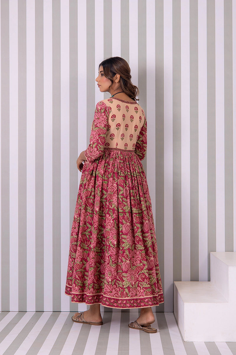 Maroon Flared Hand Block Printed Anarkali Cotton Kurta