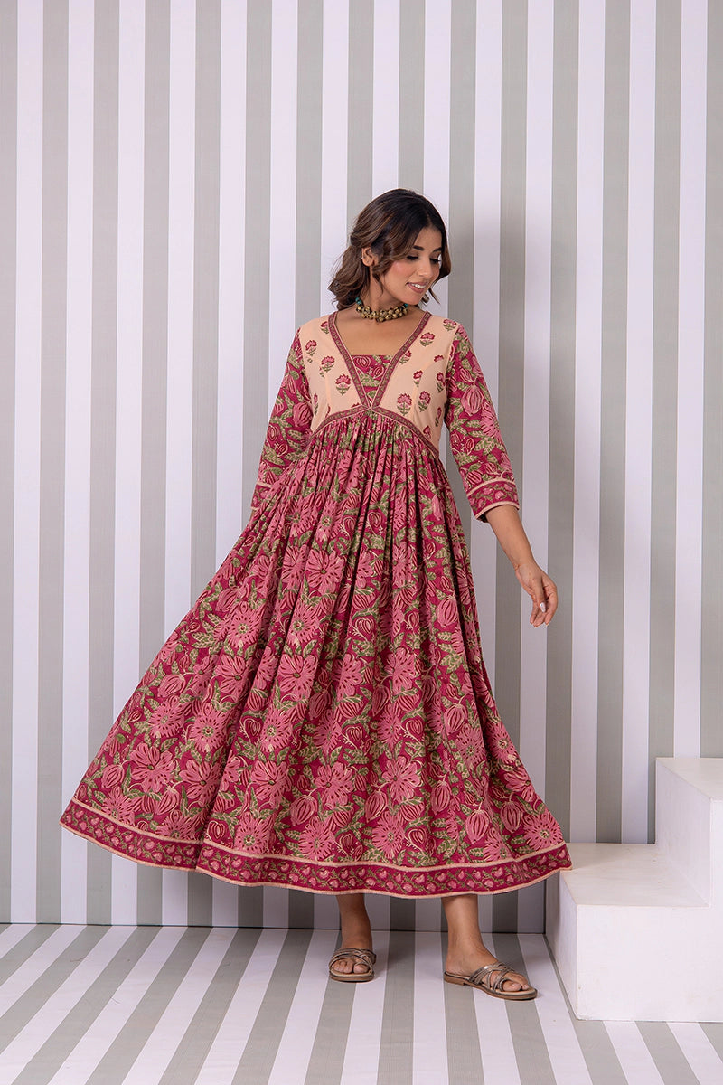 Maroon Flared Hand Block Printed Anarkali Cotton Kurta