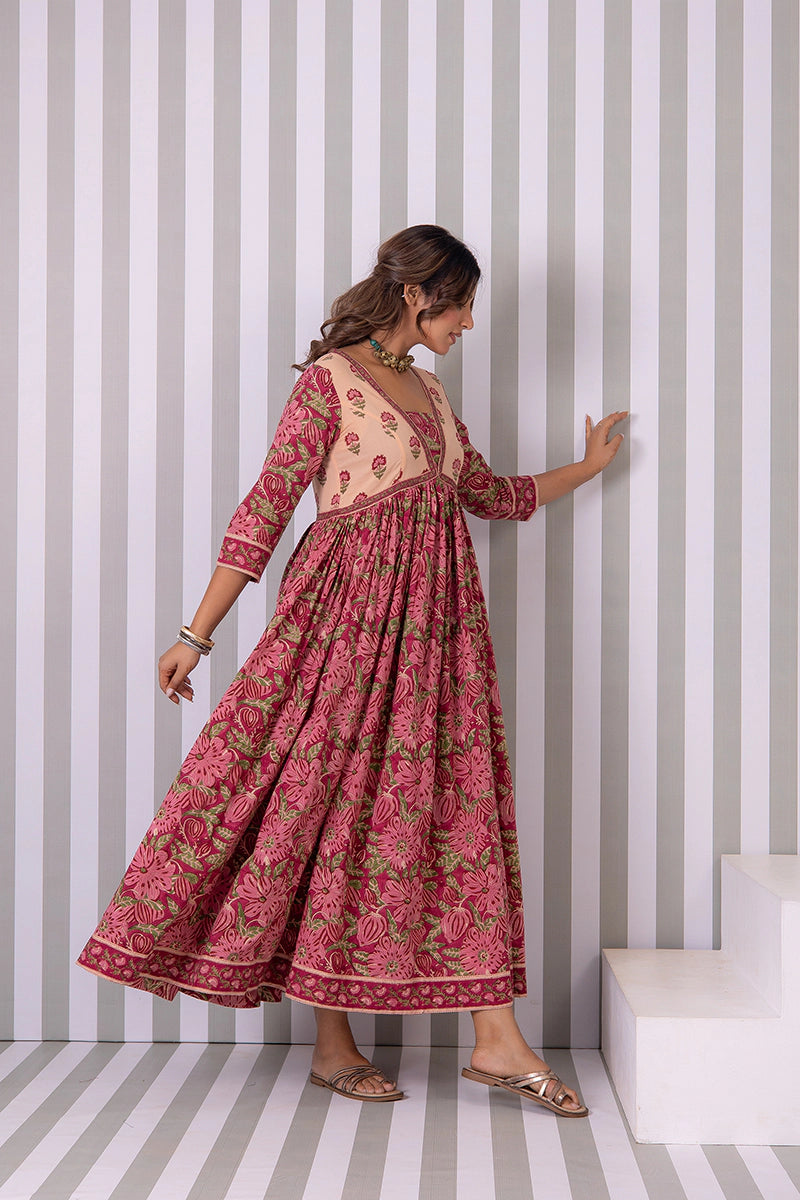 Maroon Flared Hand Block Printed Anarkali Cotton Kurta