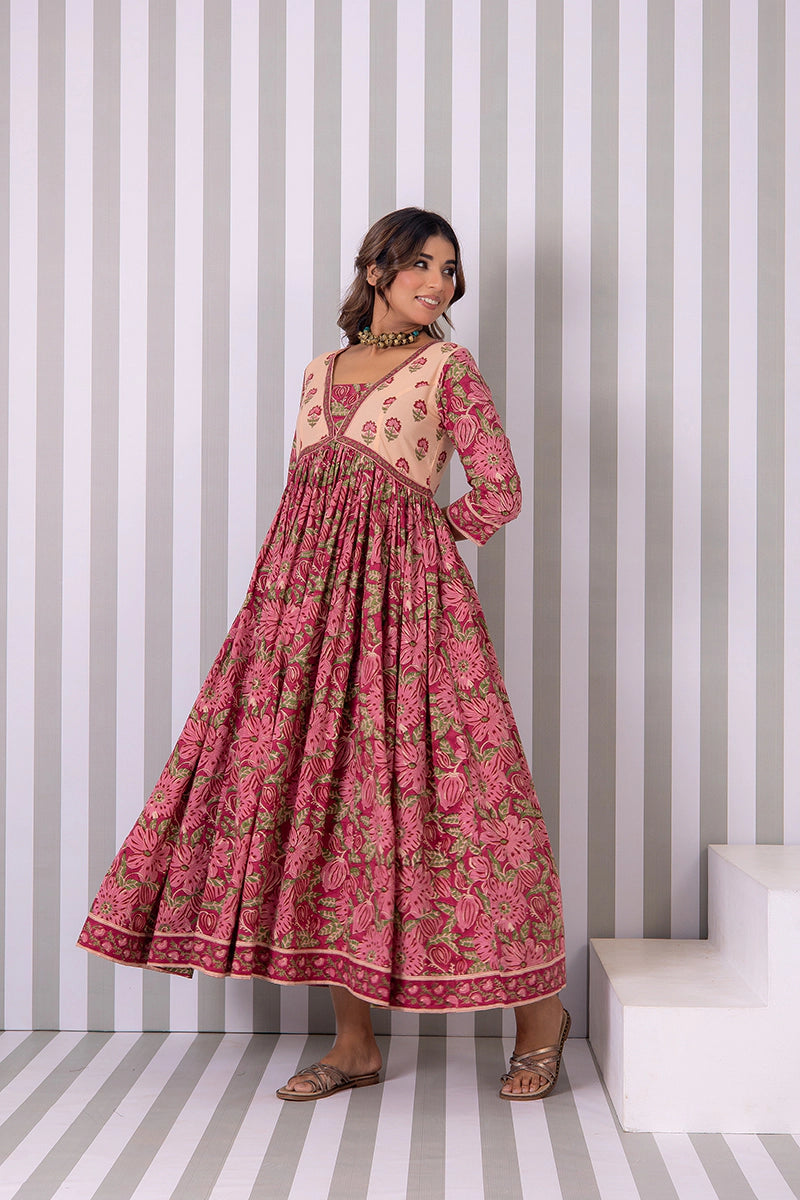 Maroon Flared Hand Block Printed Anarkali Cotton Kurta