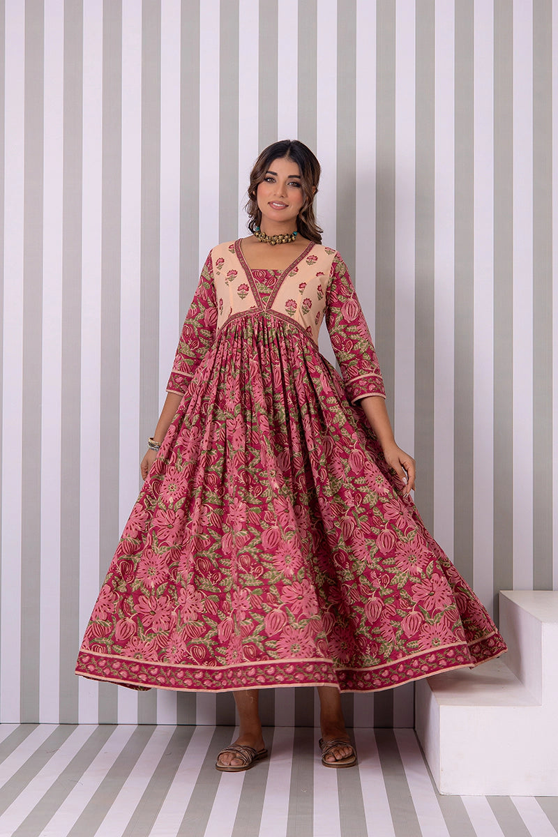 Maroon Flared Hand Block Printed Anarkali Cotton Kurta