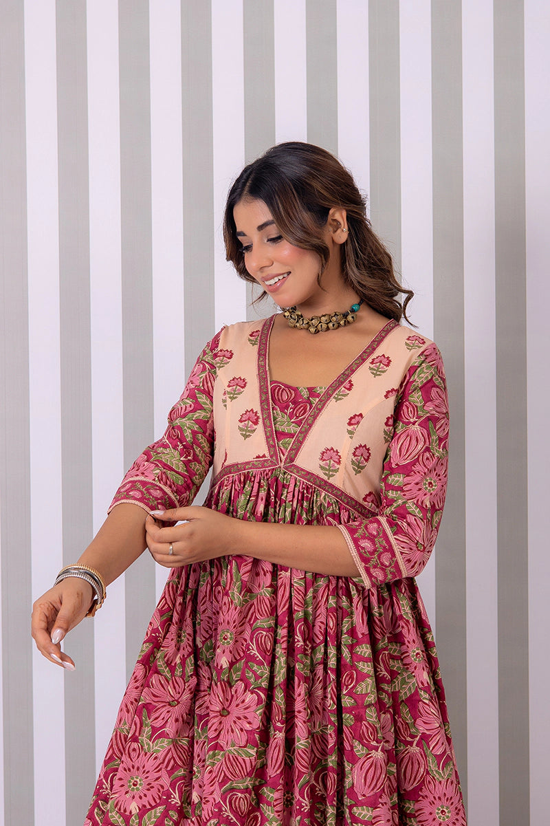 Maroon Flared Hand Block Printed Anarkali Cotton Kurta