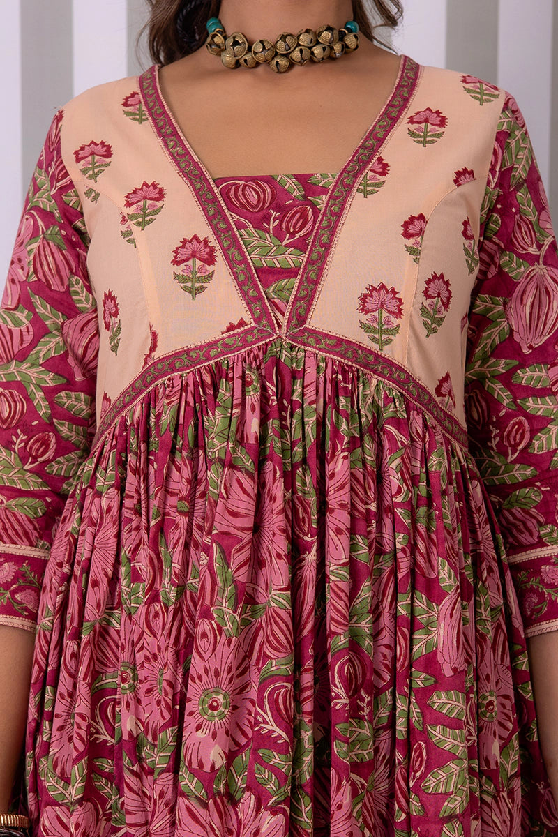 Maroon Flared Hand Block Printed Anarkali Cotton Kurta