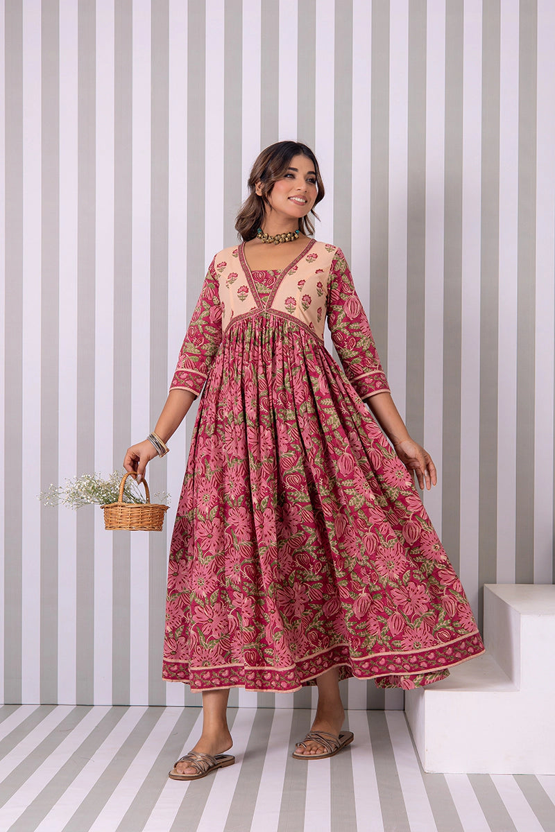 Maroon Flared Hand Block Printed Anarkali Cotton Kurta