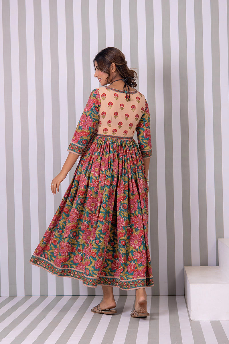 Deep Green Hand Block Printed Anarkali Cotton Kurta