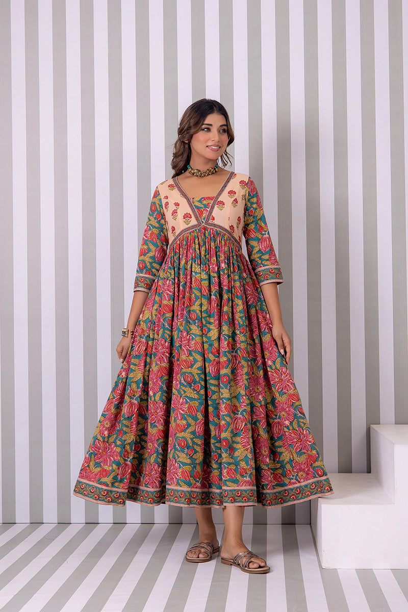 Deep Green Hand Block Printed Anarkali Cotton Kurta