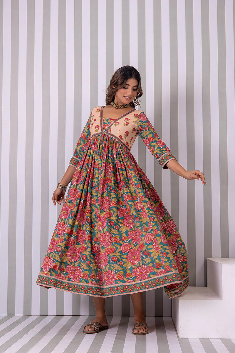 Deep Green Hand Block Printed Anarkali Cotton Kurta