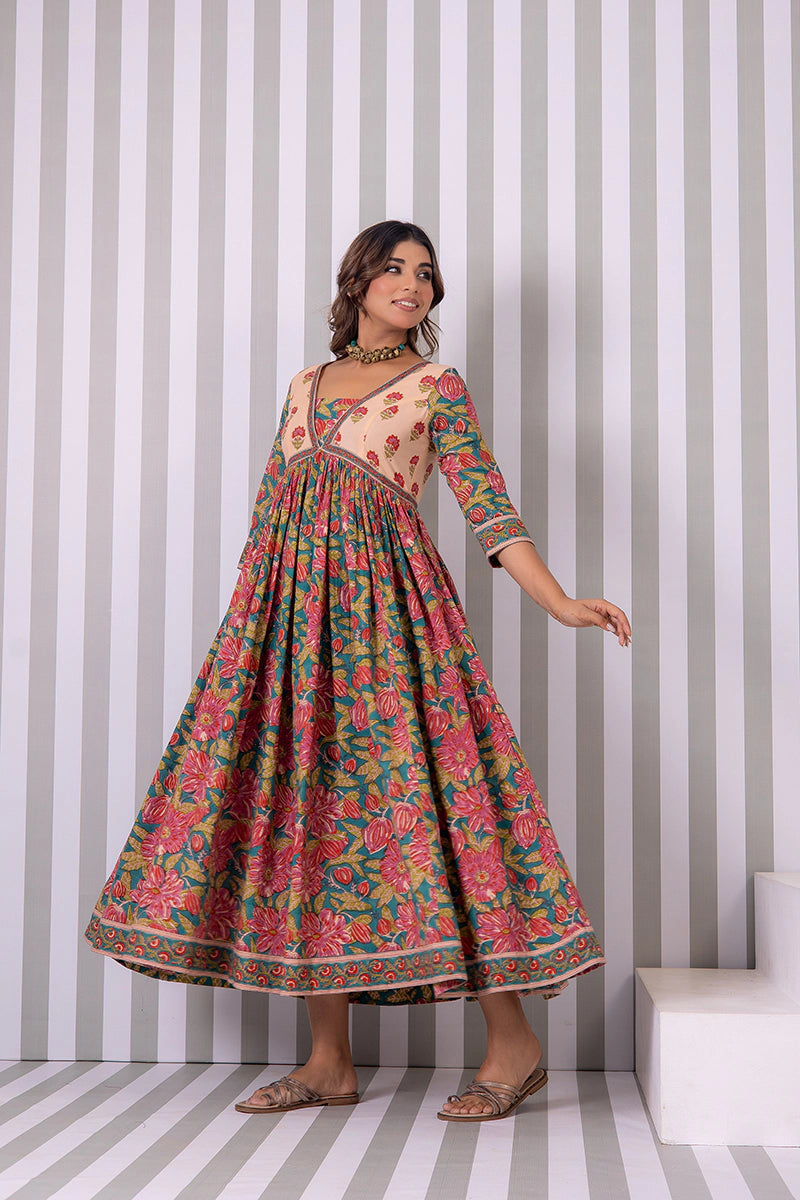 Deep Green Hand Block Printed Anarkali Cotton Kurta