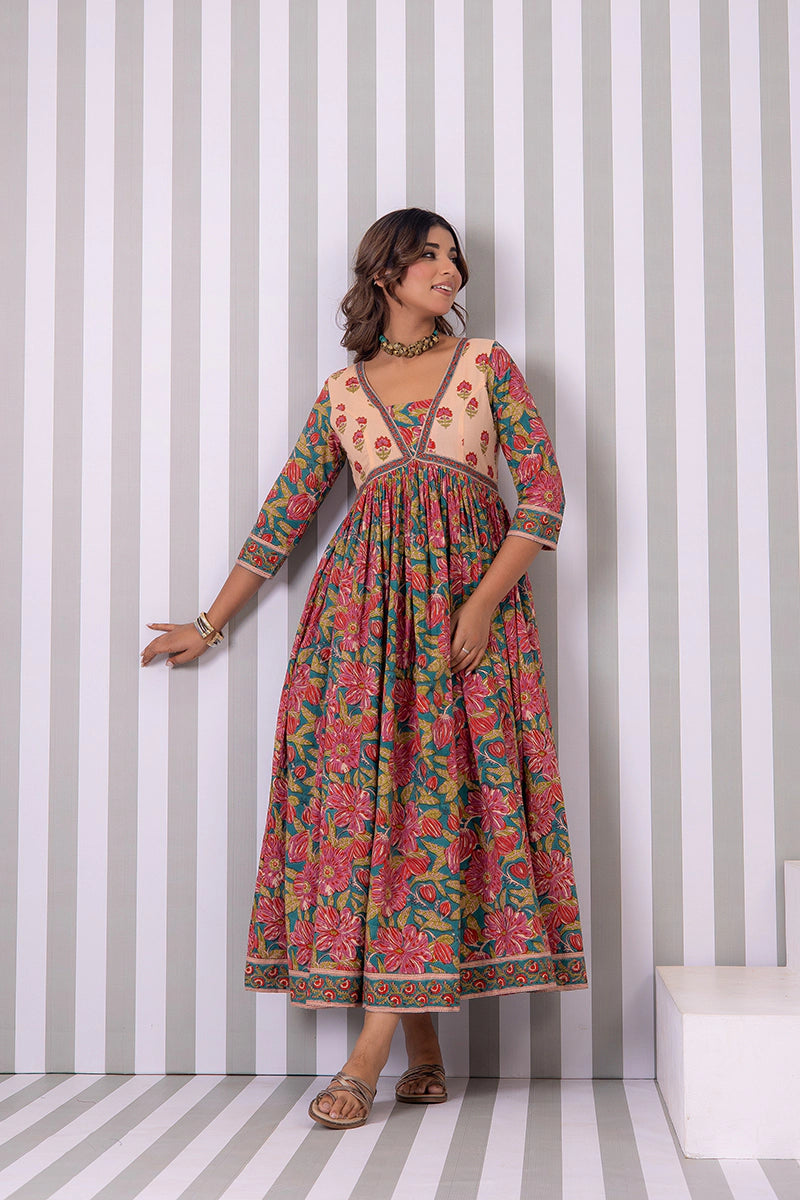 Deep Green Hand Block Printed Anarkali Cotton Kurta