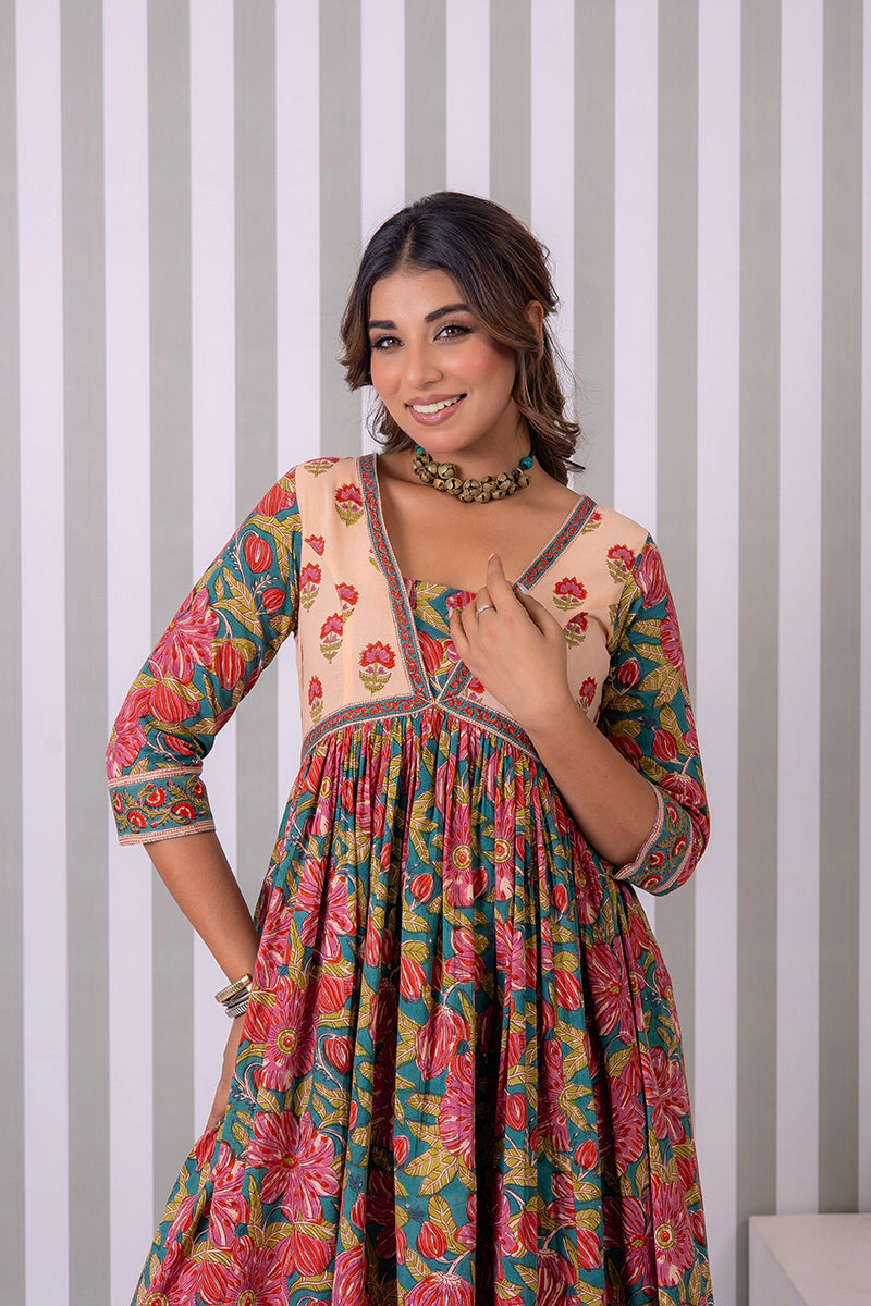 Deep Green Hand Block Printed Anarkali Cotton Kurta