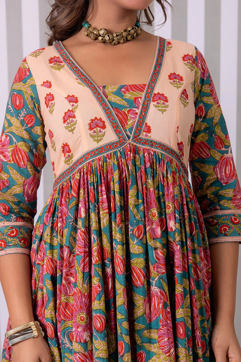 Deep Green Hand Block Printed Anarkali Cotton Kurta