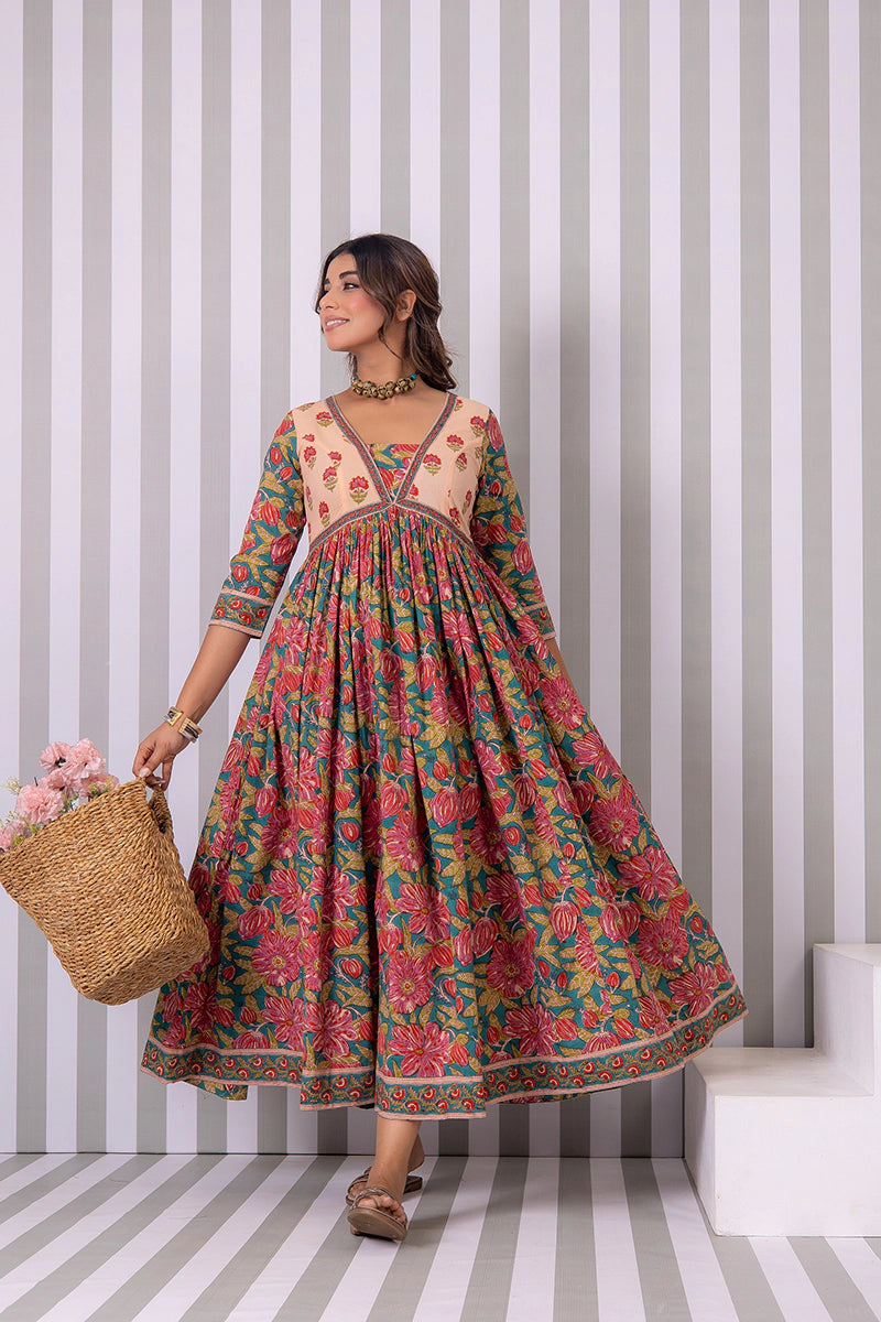 Deep Green Hand Block Printed Anarkali Cotton Kurta