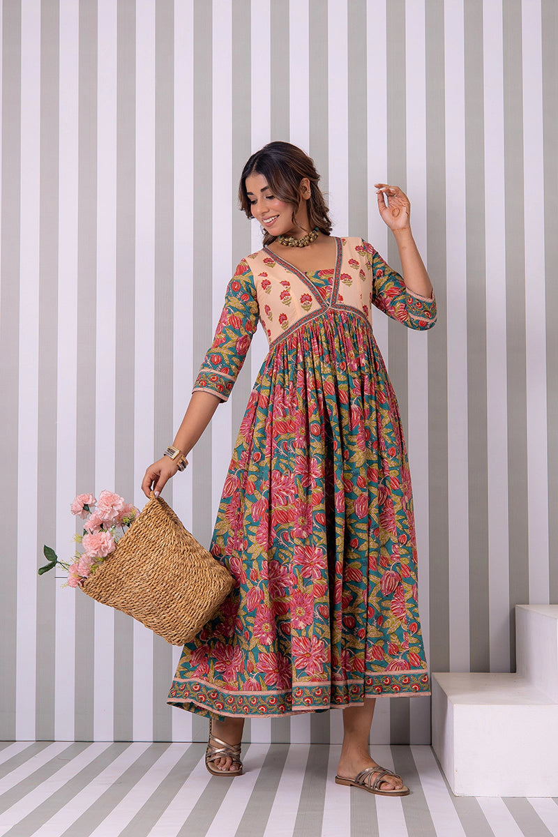 Deep Green Hand Block Printed Anarkali Cotton Kurta