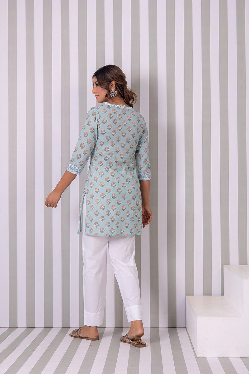Dusty Sky Blue Hand Block Buti Printed Short Kurti