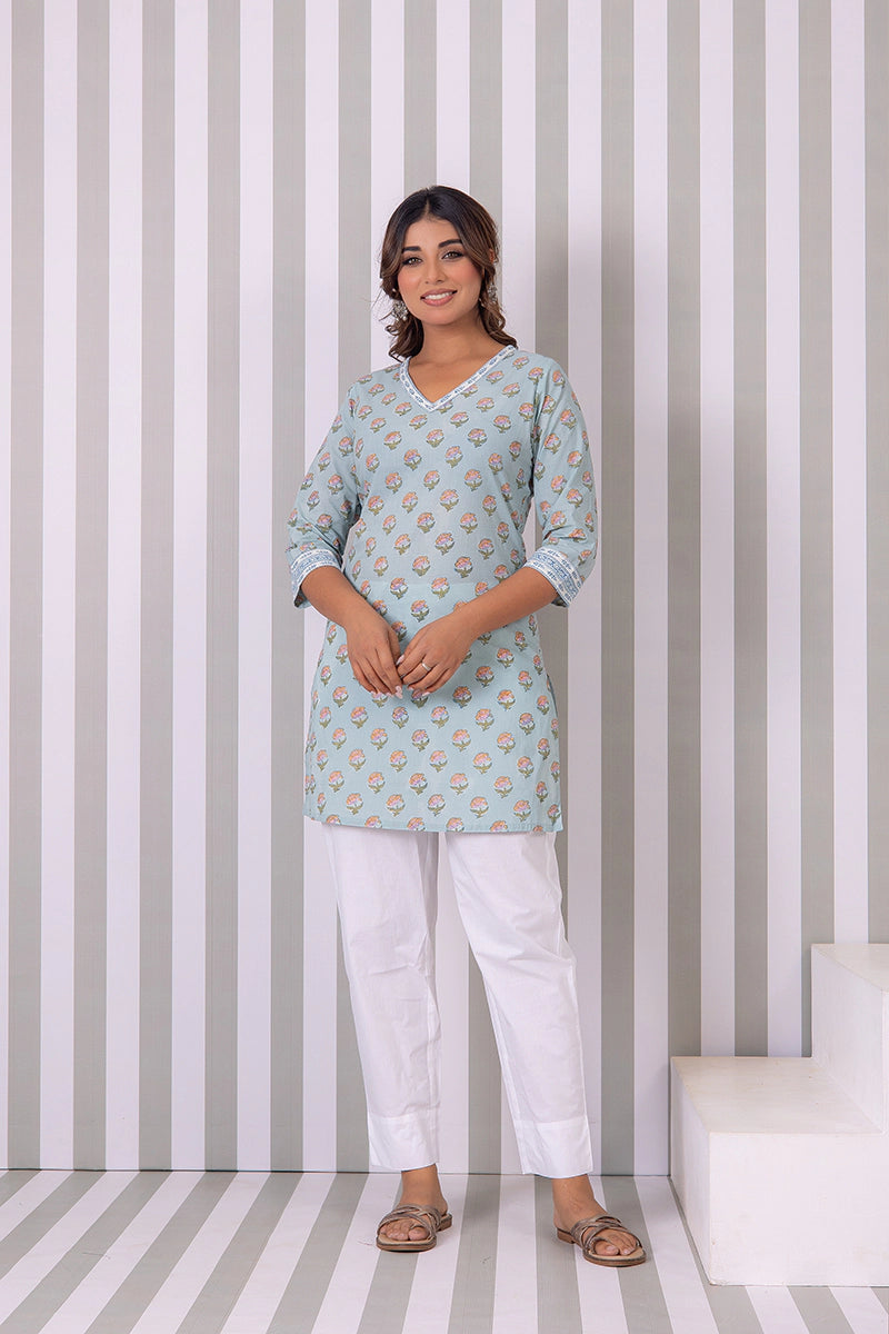 Dusty Sky Blue Hand Block Buti Printed Short Kurti