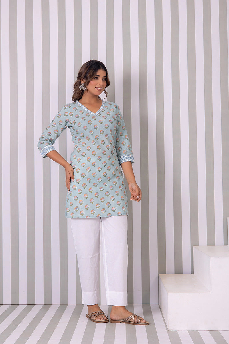 Dusty Sky Blue Hand Block Buti Printed Short Kurti