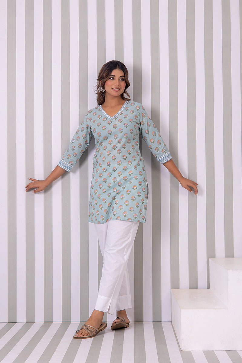 Dusty Sky Blue Hand Block Buti Printed Short Kurti