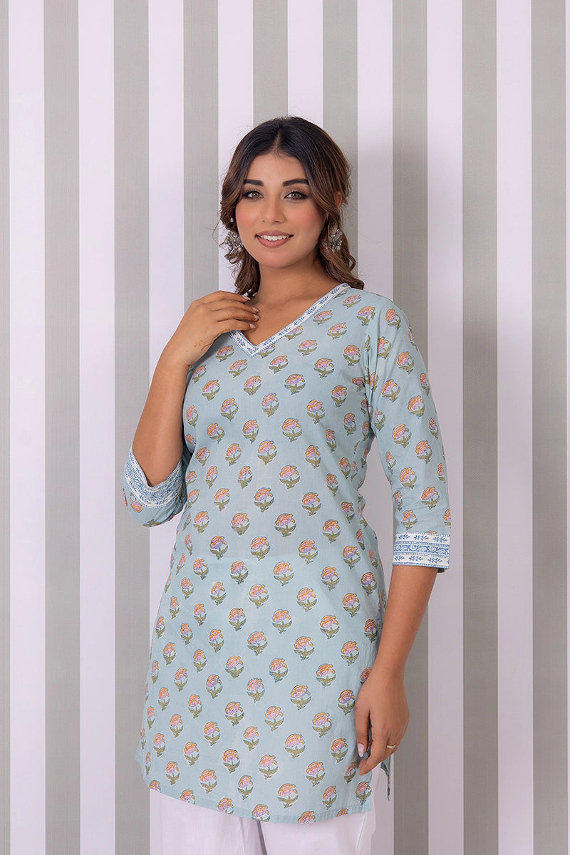 Dusty Sky Blue Hand Block Buti Printed Short Kurti
