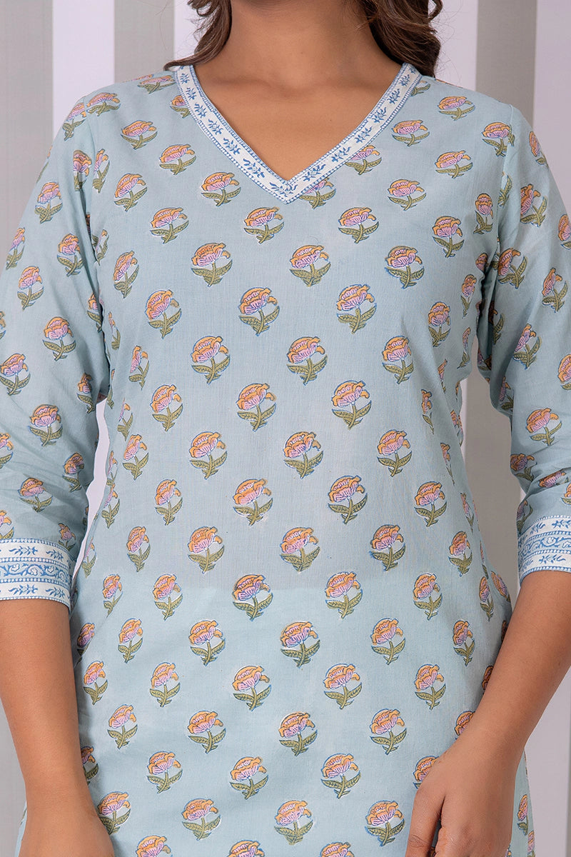 Dusty Sky Blue Hand Block Buti Printed Short Kurti