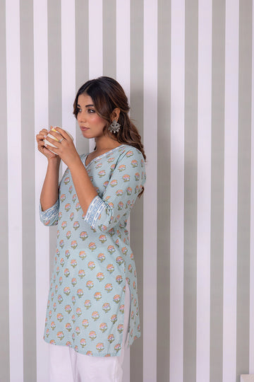 Dusty Sky Blue Hand Block Buti Printed Short Kurti