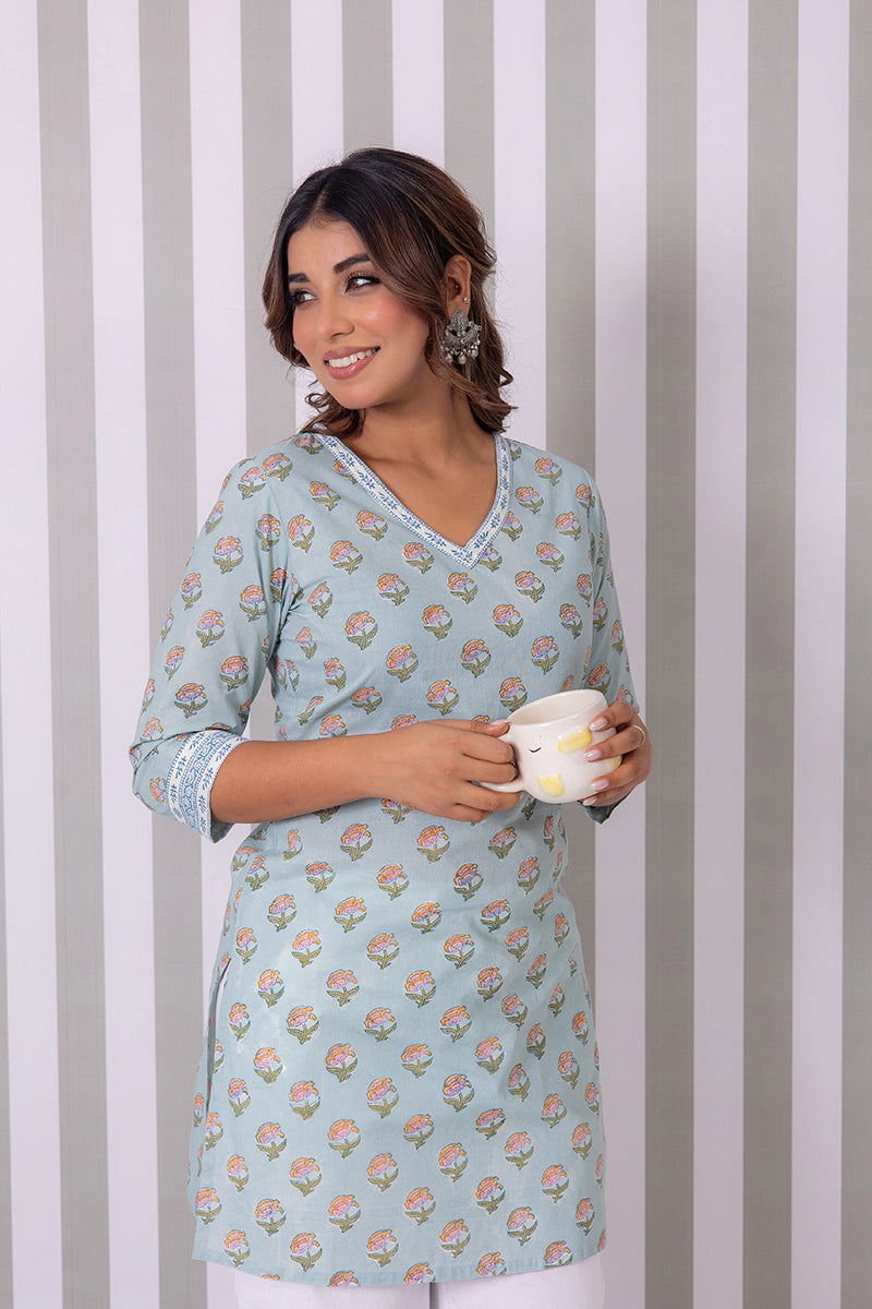Dusty Sky Blue Hand Block Buti Printed Short Kurti