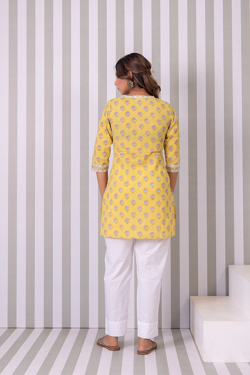 Mustard Hand Block Buti Printed Short Kurti