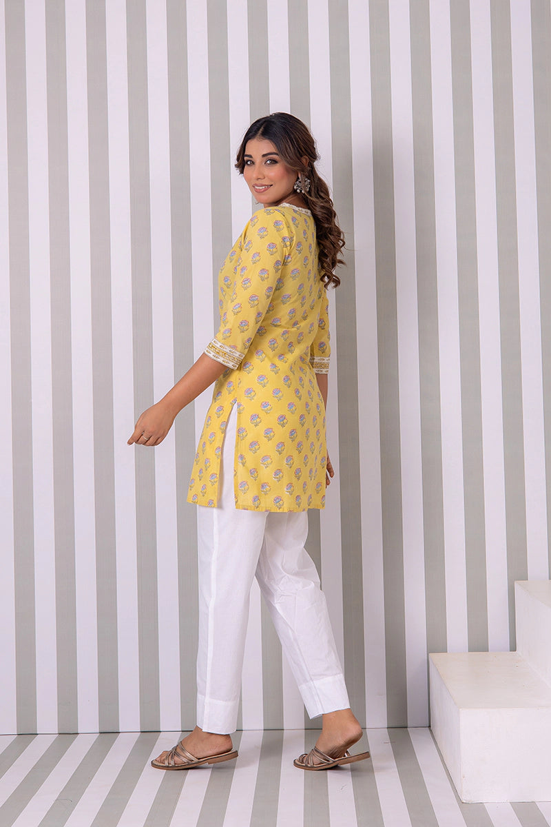 Mustard Hand Block Buti Printed Short Kurti