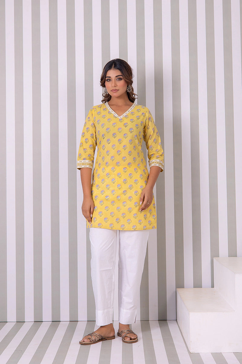 Mustard Hand Block Buti Printed Short Kurti