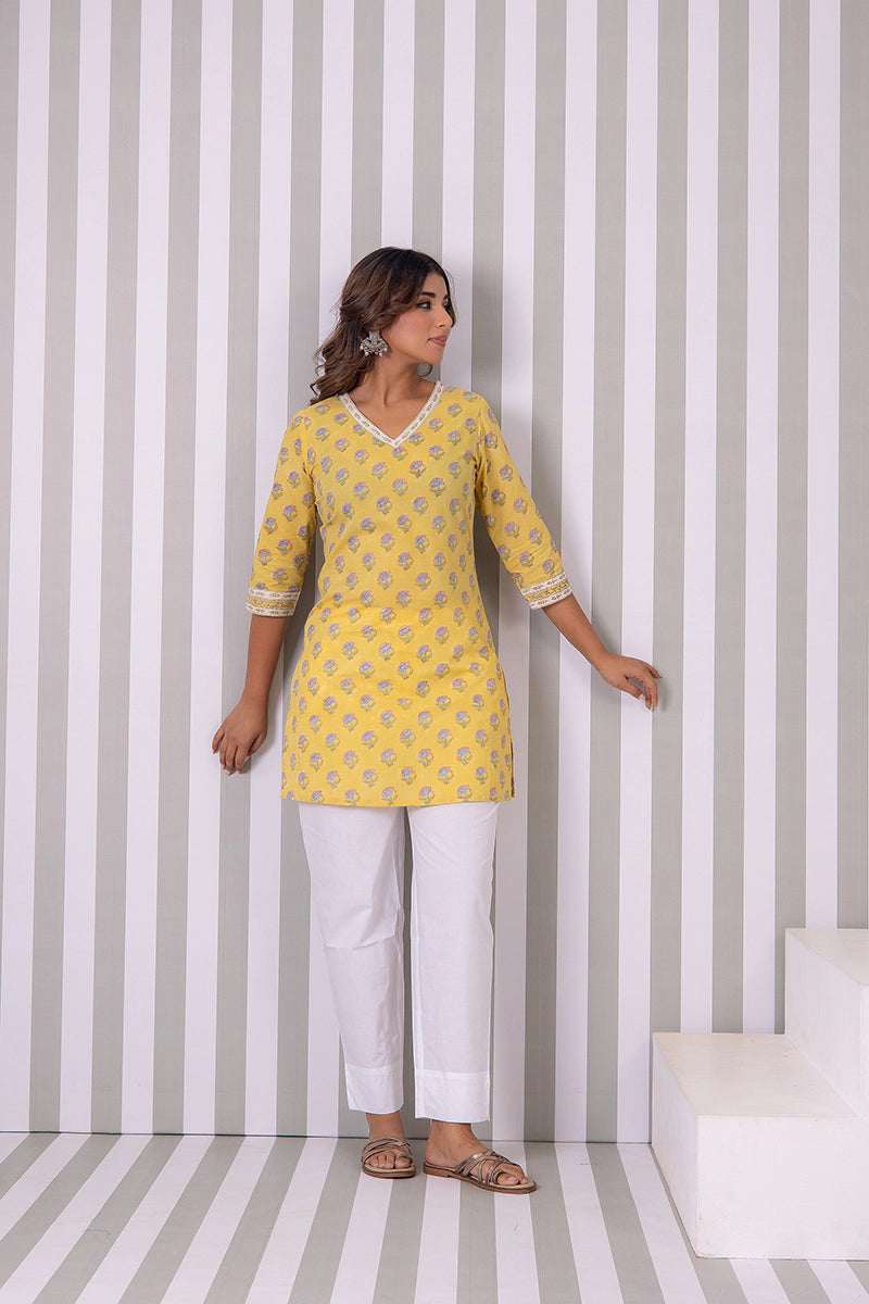 Mustard Hand Block Buti Printed Short Kurti