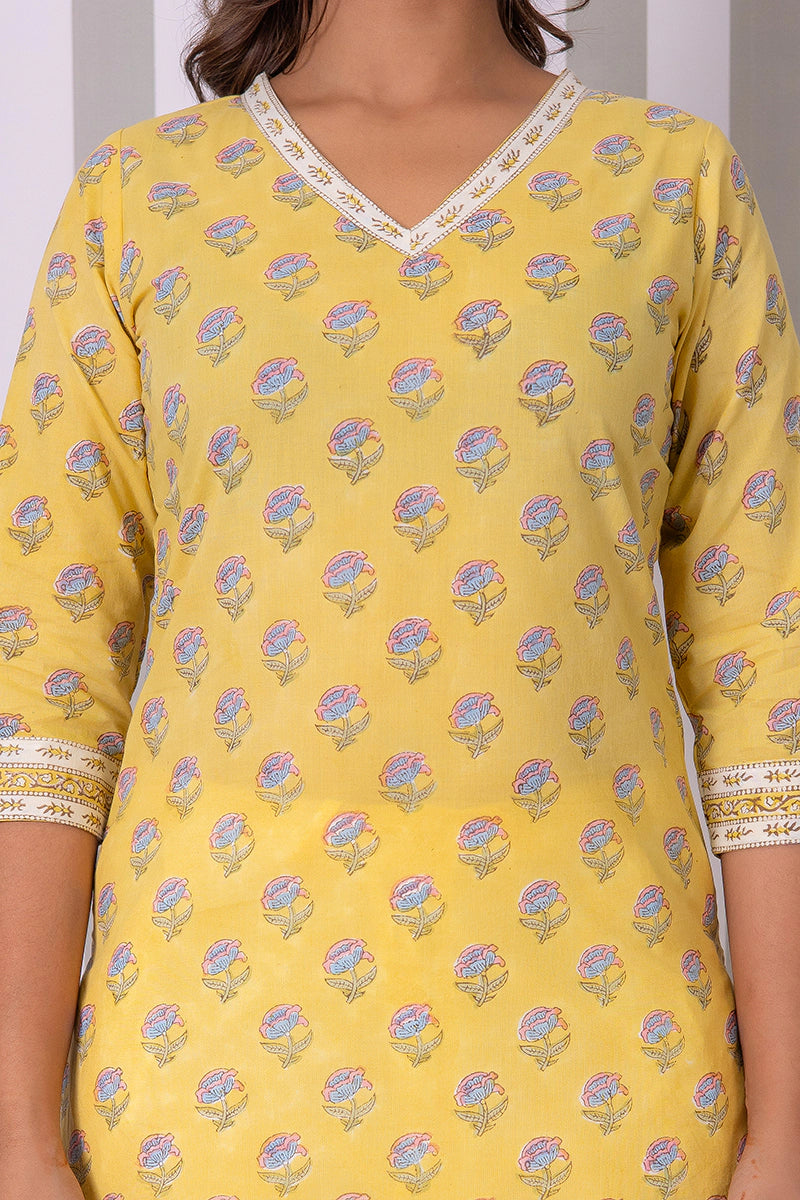 Mustard Hand Block Buti Printed Short Kurti