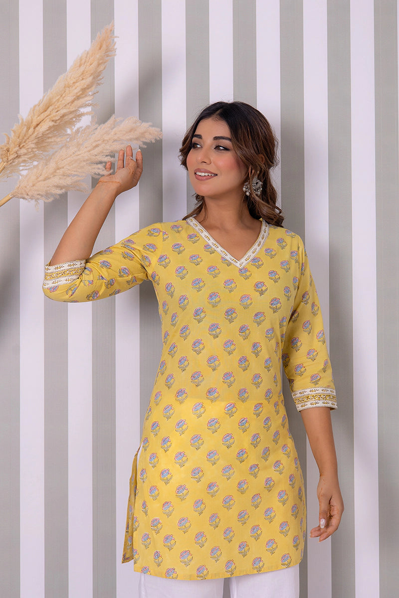 Mustard Hand Block Buti Printed Short Kurti