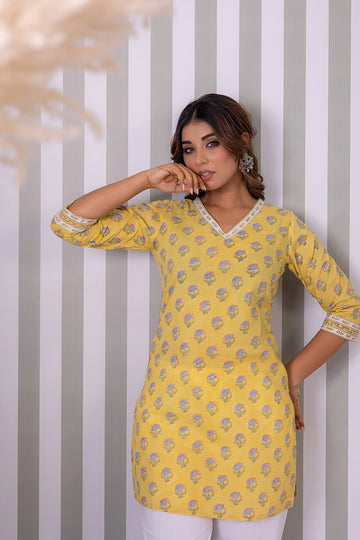 Mustard Hand Block Buti Printed Short Kurti