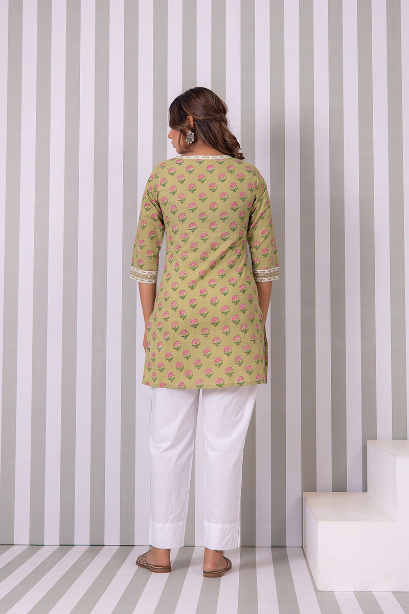 Olive Green Hand Block Buti Printed Short Kurti