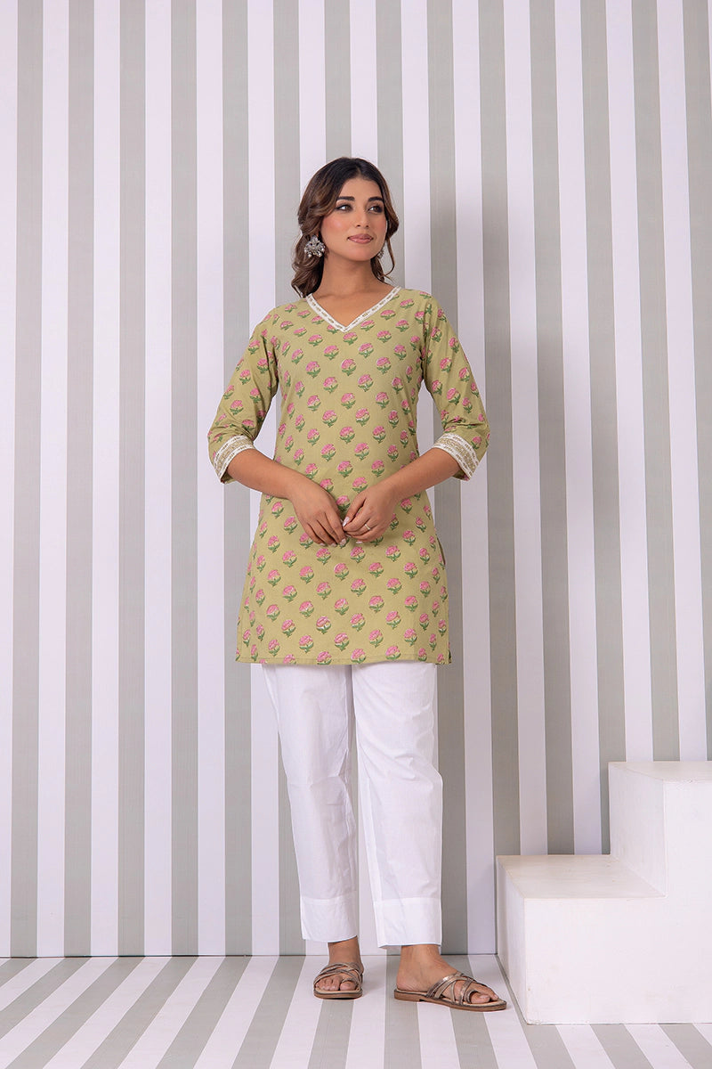 Olive Green Hand Block Buti Printed Short Kurti
