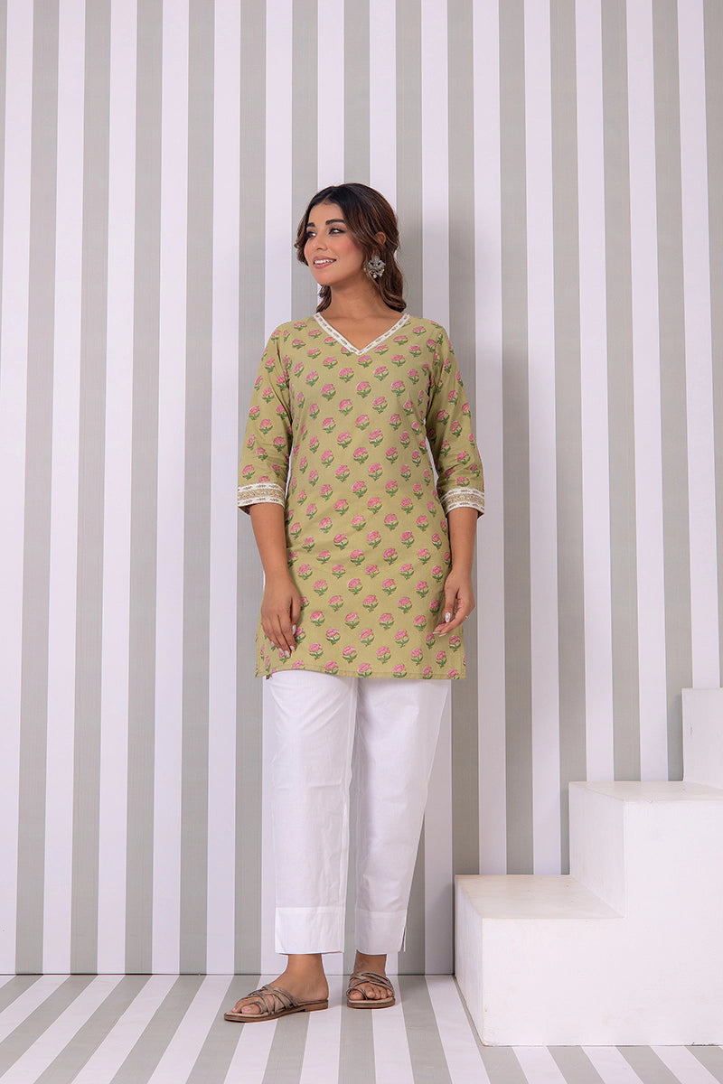 Olive Green Hand Block Buti Printed Short Kurti