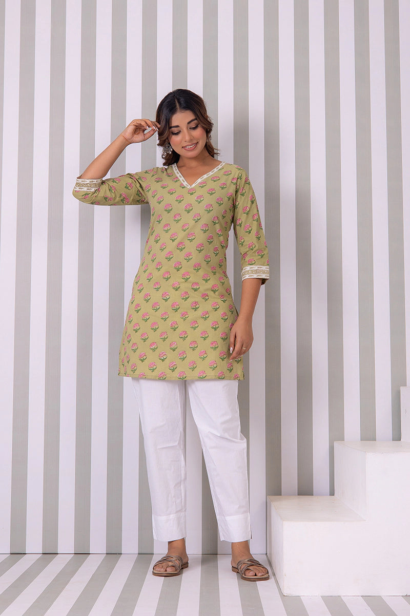 Olive Green Hand Block Buti Printed Short Kurti