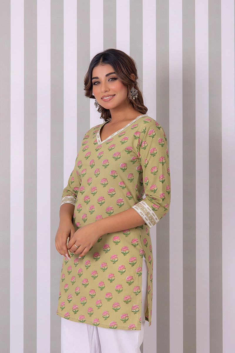 Olive Green Hand Block Buti Printed Short Kurti