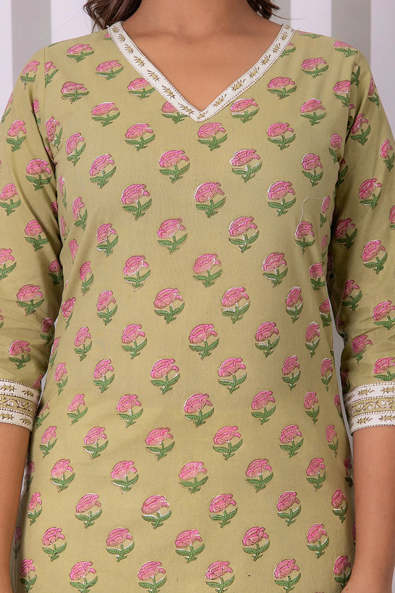Olive Green Hand Block Buti Printed Short Kurti