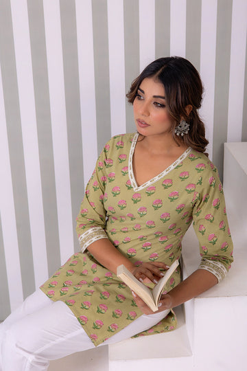 Olive Green Hand Block Buti Printed Short Kurti