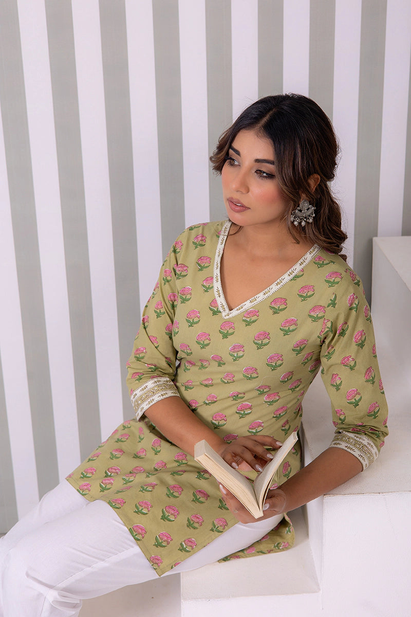 Olive Green Hand Block Buti Printed Short Kurti