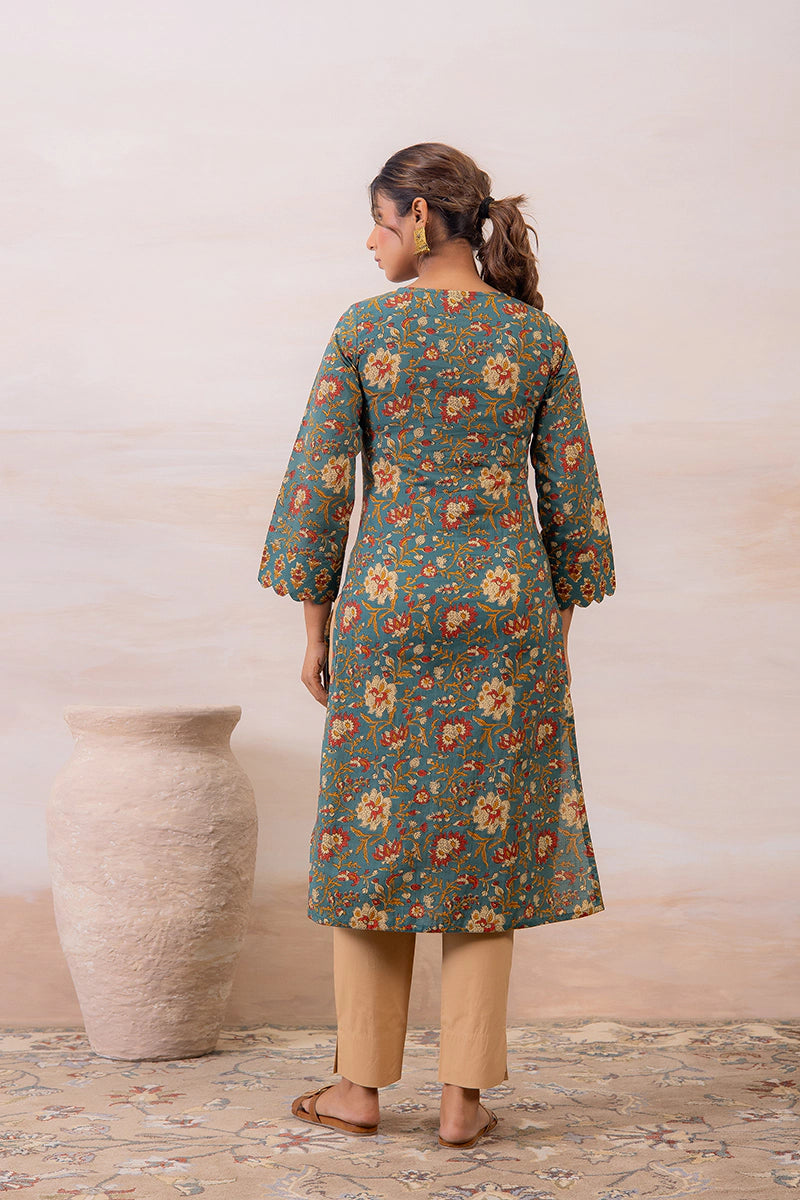 Green Floral Printed Cotton Straight Kurta