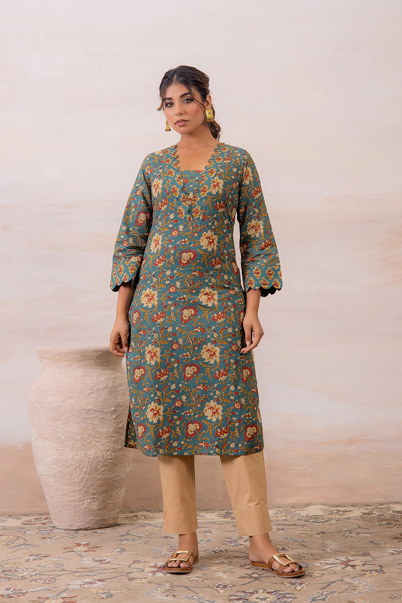 Green Floral Printed Cotton Straight Kurta
