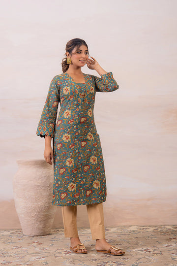 Green Floral Printed Cotton Straight Kurta