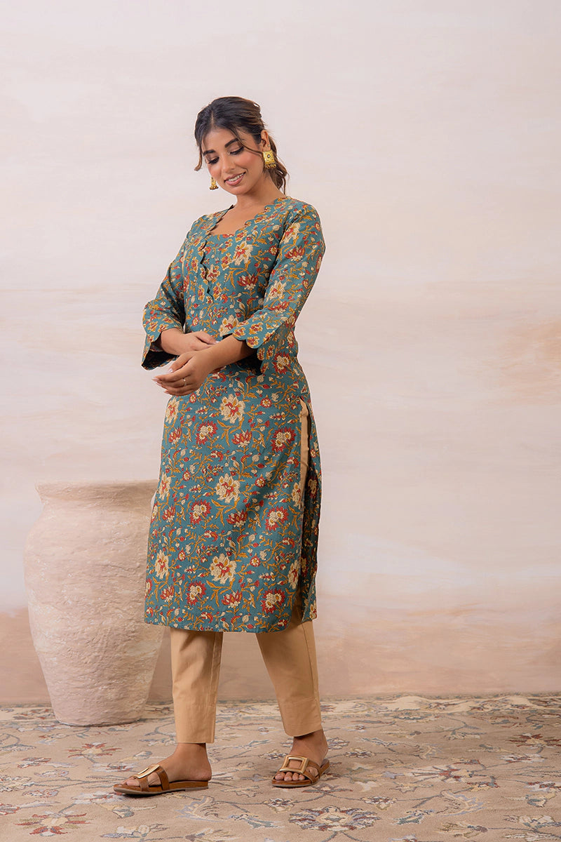 Green Floral Printed Cotton Straight Kurta